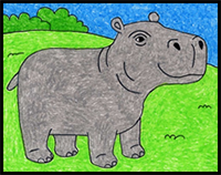 Easy How to Draw a Hippopotamus Tutorial Video and Hippopotamus Coloring Page