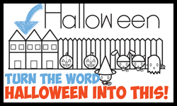 How to Draw Halloween Trick or Treating Scene from the Word (Word Toons Easy Drawing Tutorial for Kids)