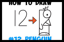 Learn How to Draw a Cartoon Penguin from the Number "12" - Easy Art Lesson for Kids