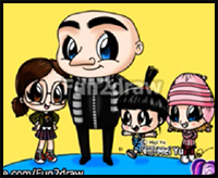 How to Draw Despicable Me - Gru, Agnes, Margo + Edith - Drawing Art for Kids Tutorials - Fun2draw