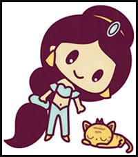 How to Draw Cute Chibi / Kawaii Jasmine & Raj the Tiger from Aladdin with Easy Step by Step Drawing Tutorial for Kids