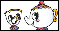 How to Draw Cute Kawaii / Chibi Mrs. Potts and Chip from Beauty and the Beast Easy Step by Step Drawing Tutorial for Kids