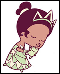 How to Draw Princess Tiana Kissing a Frog (Cute / Chibi / Kawaii) from Disney’s Princess and the Frog – Easy Steps Drawing Tutorial for Kids