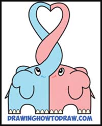 How to Draw Cute Kawaii Chibi Elephants in Love Forming a Heart with Their Trunks – Step by Step Drawing Tutorial