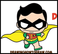 How to Draw Cute / Kawaii / Chibi Robin from DC Comics' Batman & Robin in Easy Steps Drawing Lesson for Kids