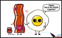 How to Draw Cartoon Bacon and Eggs Breakfast Cute and Easy