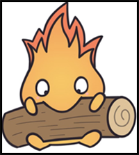 How to Draw Calcifer Eating a Log (Cute Kawaii) from Howl's Moving Castle Easy Step by Step Drawing Tutorial