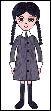 Easy How to Draw Wednesday Addams Tutorial Video and Coloring Page
